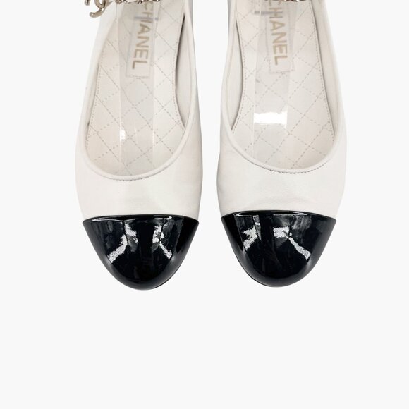 Chanel CC Camellia Ankle Chain White Cap Toe Ballet Flats Size 37.5 US 6.5-7 - Picture 4 of 15